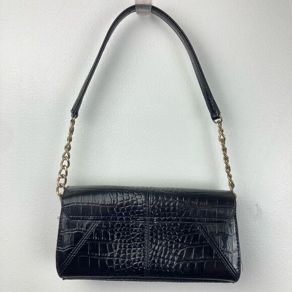 Vintage Y2K Mini Satchel Shoulder Bag Black Alligator Print Brass Chain Vegan - Picture 2 of 11